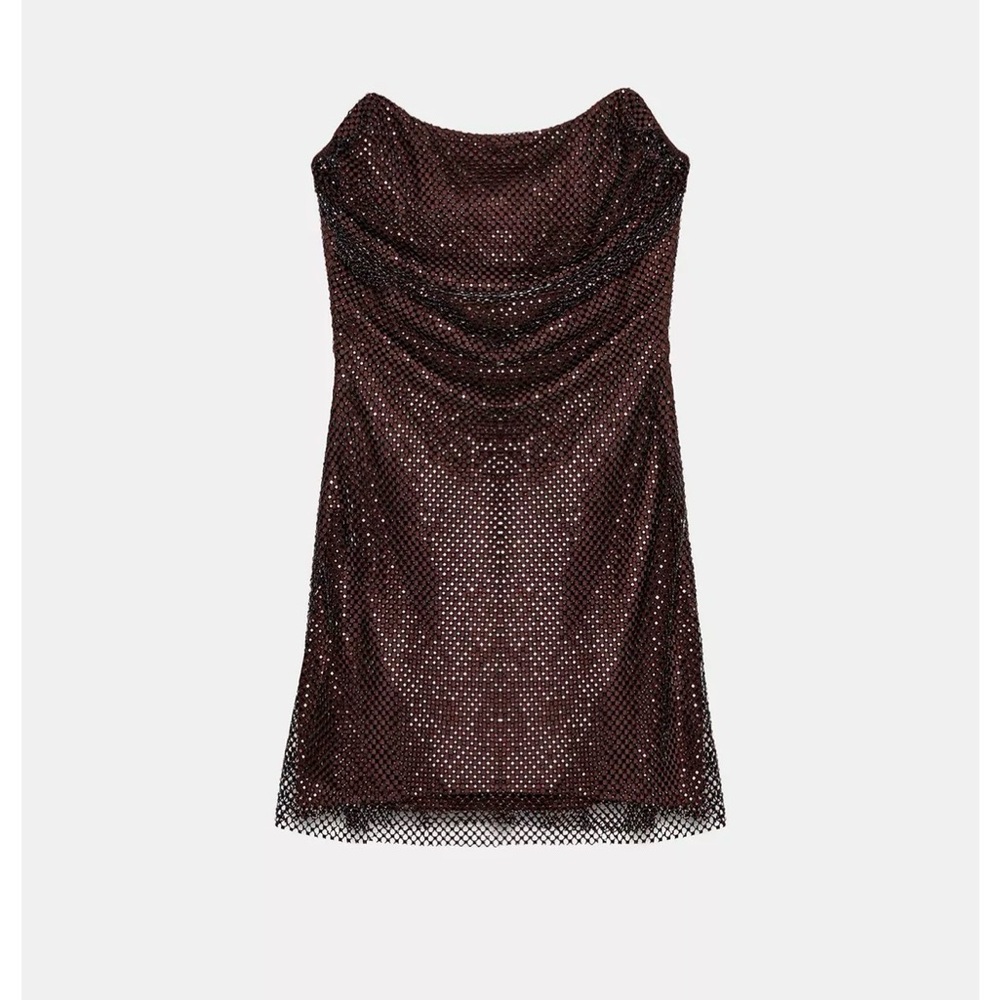 Zara Burgundy Sequin Mesh Strapless Mini Dress - Picture 2 of 8